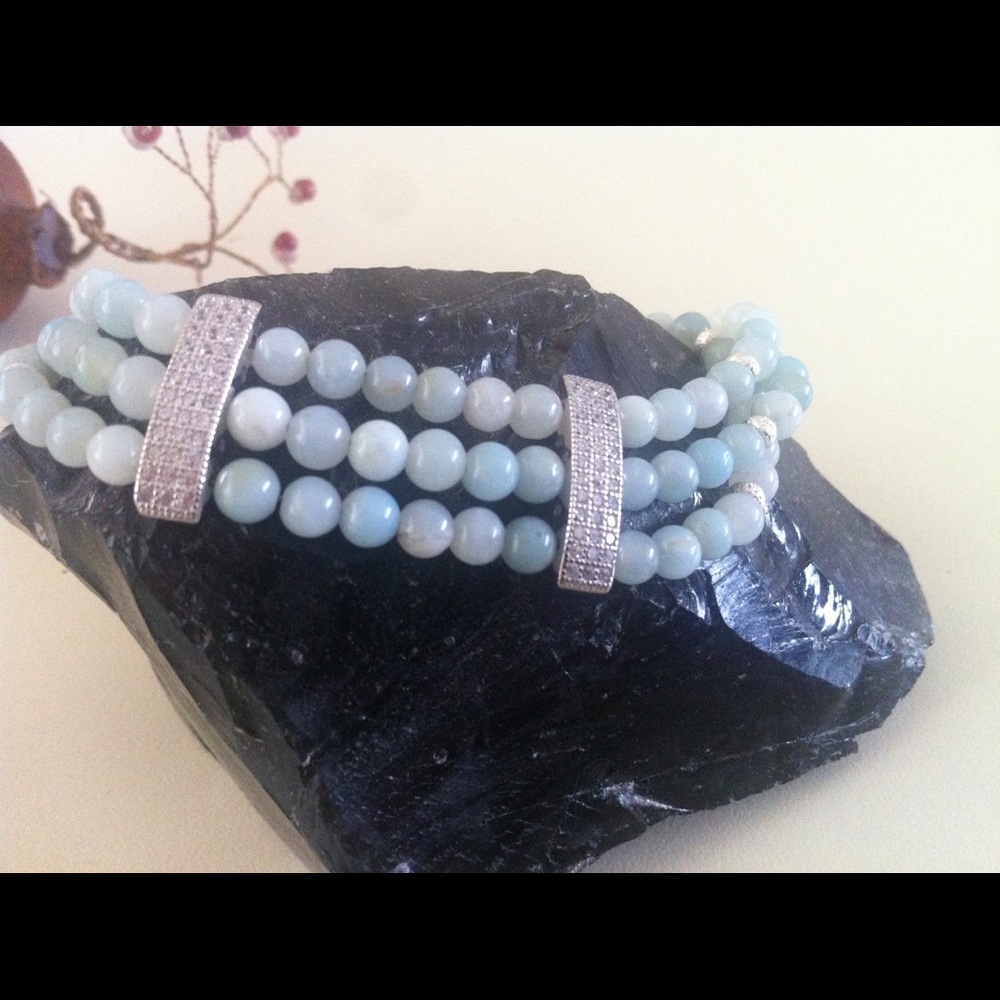 3 strand aquamarine bracelet with CZ pave links